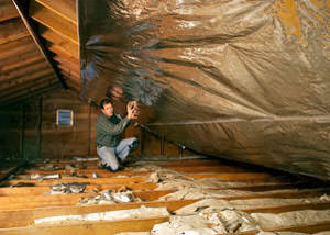 A radiant barrier installed in a Westport attic